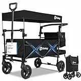 Sekey Bollerwagen Faltbar mit Dach 2 Kinder 100KG, Faltbarer Bollerwagen Handwagen Schiebegriff, Kinderwagen Stoßfest PU Räder mit Bremsen 110L, SS5050, Schwarz, Regenschutz Nicht enthalten