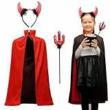 ROSAUI Teufel Kostüm für Kinder, Halloween Vampir Umhang Set mit Teufelshörner und Teufelgabel, 90 cm Schwarzer & Roter Cape für Halloween-Masquerade, Karneval