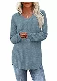 WIHOLL Pullover Damen Tunika Oberteile Top V-Ausschnitt Langarmshirt Weich Herbst Winter Casual Curved Saum Leichte Longshirt Damen Blau XL