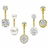 Crdifu 5stk Bauchnabelpiercing Gold 10mm Chirurgenstahl, 14G Piercing Bauchnabel, Bauchpiercing Schmuck 1,6mm, Bauchpiercing Stecker Set Perle Kristall Glitzer Stein, Bananabells Ringe für Damen