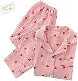 Pyjama-Set mit Herz-Print, Baumwoll-Pyjama-Set, süßes Langarm-Button-Down-Shirt mit Herz-Print und Langer Hose,Rosa,M