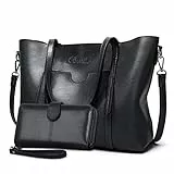 BestoU Damen Handtasche Leder Groß Tasche Shopper Schultertasche Umhängetasche Henkeltasche Damen 2pcs Set (Schwarz)