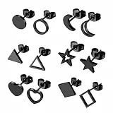 JewelryWe Schmuck 6 Paar Ohrstecker Set Edelstahl Klassische Asymmetrische Stern Mond Herz Rund Dreieck Viereck Ohrringe Ohr-Piercings Ohrschmuck für Herren Damen Schwarz