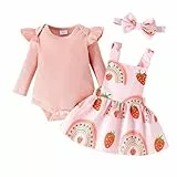 FYMNSI Neugeborenes Baby M�dchen 1. Geburtstag Outfit Regenbogen Erdbeer Druck Baumwolle Langarm Strampler Body Tr�gerkleid Bekleidungsset Partykleid Festkleid Herbst Fr�hling Casual Rosa 0-3 Monate