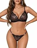 Avidlove Damen Spitze Dessous Set Sexy Unterwäsche Transparent Babydoll Reizwäsche V-Ausschnitt Lingerie Set BH Und Slip Strapsen Nachtwäsche Schwarz S