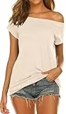VEUNCOS Tshirt Damen Sommer Locker Schulterfrei Oberteile Lässiges Kurzarm T Shirts Creme S