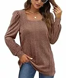WIHOLL Pullover Damen Puffärmel Strickpullover Damen Quadratischer Hals Langarmshirt Top Damen Tunika Lässiger Oberteile Damen für Herbst Winter Braun M