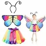 Fennoral 3tlg Schmetterling Kostüm Kinder Schmetterlingsflügel mit Regenbogen Tutu Rock Haarreif Schmetterling Umhang Fee Cosplay Kinderkostüm Tierkostüm für Mädchen Karneval Halloween Fasching