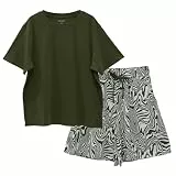 OCCIENTEC Schlafanzug Damen Kurz Pyjama Set Sommer Zweiteiliger Kurzarm Rund Ausschnitt Einfarbiges T-Shirt und Shorts mit Zebrastreifen Loungewear mit Taschen Grün,XL