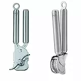 RÖSLE Knoblauchpresse mit Abstreifer, Spülmaschinengeeignet & Zangen-Dosenöffner, Hochwertiger Dosenöffner aus reinem Edelstahl, ohne scharfe Kanten, wiederverschließbarer Deckel, Edelstahl 18/10