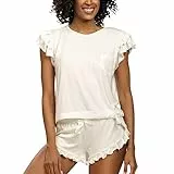 DKaren Damen Schlafanzug Set Lulu XS - Zweiteiler Damen Pyjama - Loungewear mit Kurzen Ärmeln und Shorts - Nachtwäsche Damen mit Tasche und Rüschen - Pjama Set Kurz Ecru