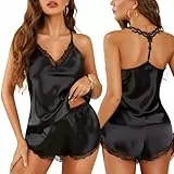 RSLOVE Damen Schlafanzug Satin Pyjama - Sexy Pyjama Set Frauen Nachtwäsche Zweiteiliger V-Ausschnitt Ärmellos Schwarz L