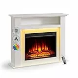 Elektrokamin BALDERIA Liora - Elektrischer Standkamin mit Ablagefach, 3D-Flammeneffekt, LED-Ambientebeleuchtung, Heizung 2000W, Timer, Thermostat, Fernbedienung - Weiß