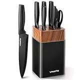 VINATO Messerblock, 7 Teiliges Messerset mit Block und Integriertem Messerschärfer, Messerblock mit 5 Verschiedenen Messern und 1 Schere, Scharfes Messerset, Schwarz