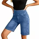 denim shorts damen, Jeans Shorts Damen Denim Kurze Hose Baumwolle Stretch Jeansshorts Sommer High Waist Jorts Jeanshose Knielang Gerades Bein Hotpants Bermuda Short mit Taschen Sporthose, Blau, XL