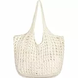 WantGor Häkeltaschen, Strand Mesh Tragetasche Damen Umhängetasche Einkaufstasche Lässige Reisetaschen Tasche faltbar Hobo Taschen (Creme)