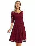 KOJOOIN Damen Vintage Kleid Brautjungfernkleid Knielang Langarm Spitzenkleid Cocktailkleid Bordeaux Weinrot L