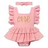 FYMNSI Baby Mädchen 1. Geburtstag Outfit Kleinkinder Prinzessin Rüschen Ärmellos Bodysuit Babybody Einteiler Bodys mit Stirnband 1 Jahr Party Festliches Festkleid Freizeit Sommer Rosa + Gold 12-18M