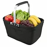 yolzhxe 30 L Einkaufskorb Faltbar, 46×23×28 CM Korb Einkaufen mit Gepolsterten Griffen und Aluminiumrahmen, Einkaufskorb Schwarz für Supermarkteinkäufe, Picknicks und Ausflüge