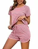 Namatime Schlafanzug Damen Kurz Pyjama Sommer Zweiteiliger Shorty Nachtwäsche mit Taschen Gestreifte Hausanzug für Frauen Staubiges Rosa Breite Streifen XL