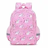 decalsweet Schulrucksack Teenager mit Brustgurt, 6-12 Jahre Lässig Kinderrucksack mit Reflexstreifen, Grosse Kapazität Leicht Rucksack Kinder, Kinderrucksack Mädchen für Schule und Reise(Rosa Einhorn)