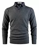 KTWOLEN Herren Pullover mit Hemdkragen 2 in 1 Winter Warm Strickpullover mit V-Ausschnitt Freizeit Mock Hemd Feinstrick Pullover Winterpullover Strick-Pulli Langarmshirt, Dunkelgrau, XXL