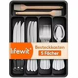 Lifewit Besteckkasten für Schubladen, Besteck Organizer Schublade Organizer Küche Kompakt Besteckeinsatz Utensilienhalter für Schublade aus Kunststoff für Löffel, Gabeln, 5 Fächern, Schwarz
