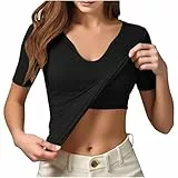 UHouse Tshirt Damen V Ausschnitt Shirt mit Integriertem BH Sommer Unterhemd Kurzarm Sport Top Basic T-Shirt Gerippt Sportshirt Einfarbig Sommershirt Leicht Und Luftig Laufshirt Oberteile Schwarz XL