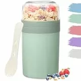 Bugucat Müslibecher to Go 520ML+250ML,Praktischer Joghurtbecher mit Löffel, Auslaufsicher Müsli Cup Becher mit Soßenbox,Müslibox Brotdose Lunchbox für Kinder & Erwachsene, Grün