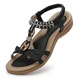Littleplum Sandalen Damen Sommer Flache Sandalette Bohemia Sandals mit Strass Perlen Freizeit Damen Strand Schuhe Sandalen, 23-Schwarz, 38 EU