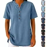 Jamicy Tshirt Damen Sommer T-Shirt Kurzarm Oversize Oberteile Freizeit Vintage Sommershirts mit Stehkragen Bequeme Lässige Bluse Fashion Outfit Retro Damen-Oberteile Classic Damenoberteile Blau XL