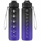 NAVTUE Trinkflasche, 1L Sport-Wasserflasche mit Strohhalm, Zeitmarkierungen, auslaufsicher, Tritan, BPA-frei, Trinkflasche für Schule Radfahren Laufen (1 Flasche)