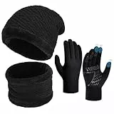 OOPOR Wintermütze Schal Handschuhe Set - Unisex Beanie Strickmütze Winterschal Thermo Touchscreen Handschuhe | Fleecefutter Warme Knit Hut Loop Schal Rutschfeste | Für Herren