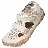 Hsyooes Barfußschuhe Herren Sportsandalen Damen Aquaschuhe Verstellbare Strandschuhe Weit Wandersandalen Schnell Trocknend Surfschuhe Sommer Beige EU41=Hersteller 42