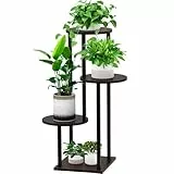 YOCOMEY 4 Tier Hölzern Blumenregal Metall Pflanzenregal, Mehrstöckig Blumenständer Pflanzenständer Blumenbank Blumentreppe Pflanzentreppe Standregal für Innen Außen Balkon Deko (Rund Schwarz Eiche)