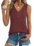 Cuptacc Tank Top Damen Ärmellos Komfort Breite Träger Einfarbig Top Damen Basic Casual V Ausschnitt Mit Knopf Sommer Lockere Oberteil Weinrot M Mittel