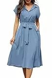 Cassiecy Sommerkleid Damen Knielang Kurzarm Blusenkleid Elegant V-Ausschnitt Midikleid Casual Wickelkleid Strandkleid mit Taschen（ Blau,L）