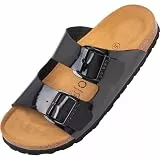 Palado Pantoletten Damen Korfu Lack - Sandalen Made in Spain - elegante Hausschuhe mit Kork-Fußbett - modische Sommerschuhe Schwarz/Schwarz UK6 - EU39