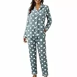Dwevkeful Schlafanzug Damen Lang, Langarm Langhose Winter Pyjama aus Baumwolle | Warmer Hausanzug mit Weiten | Kuscheliger Pyjama für Kalte Nächte, Blau, L