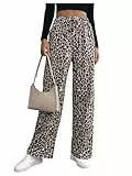GORGLITTER Freizeithose Damen Lang Weites Bein Hose Mit Leoprint Stoffhose Mit Taschen High Waist Jogginghose Stretch Hose Gerade Hose Braun XXL