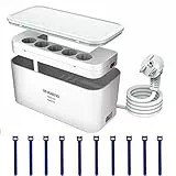 Steckdosenleiste mit Kabelbox Weiß, Mehrfachsteckdose Überspannungsschutz mit 5 Steckdosen und 3USB,Schreibtisch Organizer, Kabel Organizer Box mit Steckdosenadapter, 29.5 * 14 * 14CM, 2M Kabel