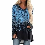 y2k Kleid Sommer Gym top Damen Blumen Druck V-Ausschnitt Langarm Bluse Casual Herbst Tops Coole Shirts hemdbluse(Blue, XXL)