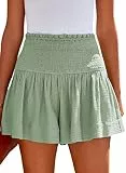 Tincini Shorts Damen Sommer Baumwolle Elastisch High Waist Kurze Hosen Causal Rüschen Strandshorts Einfarbig Freizeit Shorts Sweatpants (Grün,XS)