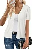 Arach&Cloz Strickjacke Damen Kurzarm V-Ausschnitt Wool Blend Leichte Cardigan Casual mit Knopf Top Sommer Elegant (Off-White, XL)