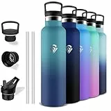 Grsta Thermosflasche, 1 liter Trinkflasche Edelstahl, mit Strohhalm, Auslaufsicher, Bpa Frei, 24h Kalt & 12h Warm, Trinkflasche Erwachsene für Fitness, Camping, Wandern, Yoga