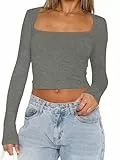 OOHOKAY Langarmshirt Damen U-Ausschnitt Basic Oberteile Y2K Slim Fit Tshirt Crop Tops Lässige Streetwear(Dunkelgrau-U1,XS)