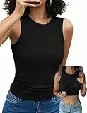 Aottori Tops für Damen mit BH Rundhals Tank Top Sommer Gerippt Oberteile Ärmellos Slim Fit Gerippt Basic Tanktops Casual Einfarbig Schwarz L