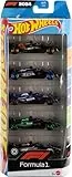 Hot Wheels Spielzeugautos Formel 1 im 5er-Pack, Set aus 5 Die-Cast-Fahrzeugen im Maßstab 1:64 mit F1 Racing Team-Dekorationen, Rennautos zum Sammeln, JGF58