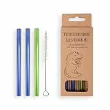 3 Stück Glasstrohhalme Grün/Blau | wiederverwendbar | Glastrinkhalm | Kinder Strohhalme | Spülmaschinenfest | inklusive Reinigungsbürste | 12 cm lang für Kinder, 3 Stück | +Bürste