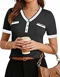 GRACE KARIN Damen V-Ausschnitt Pullover Kurzarm Elegant Top Bluse Kontrastfarben Festliche Hochzeitgast Strick Pullover CL0392-02/Schwarz L